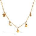 Golden stainless steel necklace featuring rose, moon, ghost, foot, and acorn charms - Gold Necklace (KD1579)