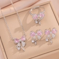 Elegant silver jewelry set with pink bow crystal necklace earrings and ring in a gift box - Silver Pink 3-Piece Set (Necklace + Earrings + Ring)