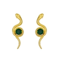 Elegant gold snake earrings featuring emerald green stones and detailed scale textures - Green Gemstone Snake Earrings / Imitation Gold (2867)
