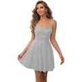 Elegant silver sequin mini dress with spaghetti straps and a flared A-line skirt - US size 2 / Bottoms / Silver Gray