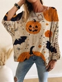 Women's Halloween knit sweater with pumpkin and bat patterns in a loose crochet style - S / Rainbow