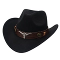 Klassieke zwarte western cowboyhoed met bruine leren band en zilveren stierenschedel-decoratie - M (56-58cm) / Zwart