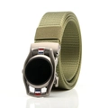 Men's green canvas belt featuring a circular automatic buckle with tricolor stripe detail - F152 Red White Blue Stripe Buckle (Army Green)