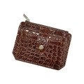 Brown crocodile pattern leather card holder with zip closure and snap button strap - Coffee