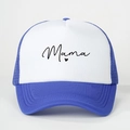 Blue and white mesh trucker hat with black Mama print and heart pattern on front - One Size / Royal Blue and White