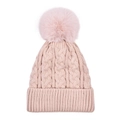 Detailed cable knit pattern on pink winter beanie with large faux fur pompom decoration - Lotus root pink