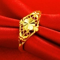 Four-leaf clover gold-plated open ring displayed on an elegant red silk background - Four-Leaf Clover Style (J23628)