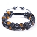 Close-up of double-layer woven bracelet with blue tiger eye and black lava beads - Yellow Tiger Eye & Lava & Hematite