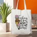 White canvas tote bag with Teacher Life print and leopard heart for teacher gifts - STD67-V (Leopard Heart)
