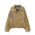 Chic women's gold metallic fringe bomber jacket with lapel and metal zipper closure - XS / Gold