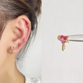 Gold stainless steel ear stud set with pink zircon butterfly flower and heart key designs - EGD60 Gold Key Heart