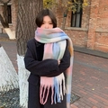 Thick rainbow plaid scarf with tassels in pastel pink, blue, and yellow wool blend - No.9 Light Pink Blue Plaid