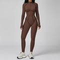 Body da yoga marrone scuro a maniche lunghe con collo alto e mezza cerniera - S / Marrone Cioccolato