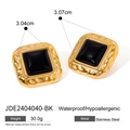 Golden stainless steel square stud earrings with black agate stone inlays - Black Gold Hammered Square (JDE2404040-BK)