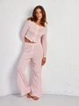 Conjunto de punto rosa con top de manga larga y pantalón ancho con rayas verticales finas - S / Rosa