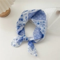 Blue and white floral cotton linen small square scarf tied in a stylish ring knot - Blue Plaid-Gingham Blue Floral