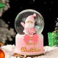 Pink Christmas snow globe featuring Santa and snowman with a Merry Christmas bow base - Christmas Gift Box (2061 Pink Series) / 8cm Music + Light