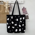 Grande borsa shopper in tela nera con stampe di barboncini bianchi e note musicali - Cane Musicale Fronte-Retro