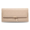Macro detail of beige PU leather wallet featuring quilted texture and leaf charm - Camel