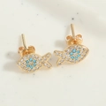 Golden fish stud earrings with white zircon micro-pave and blue turquoise center eye - Lucky Fish - Blue