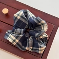 Detail shot of navy and beige plaid tweed scrunchie with gold metallic threads - Navy Blue Plaid - Plain