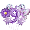 7-piece purple birthday balloon set including a large number 9, butterfly, and stars - Iridescent Purple Butterfly Balloon Set (Number 9)