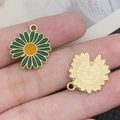 Green and gold daisy enamel flower pendant with yellow center for DIY jewelry making - 1Pc Green Single-Sided Sunflower 18x20mm