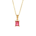 Collier en acier inoxydable doré avec pendentif rectangulaire en zircone rose et griffes - Rouge