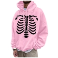 Pink fleece hoodie for men and women featuring a black skeleton graphic print - S / Tops / Pink
