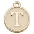 Round cream enamel pendant with gold metal trim and letter T for DIY jewelry - Letter T / 1 Piece (12x14mm) / Champagne