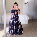 Schulterfreies Maxikleid mit Blumenmuster in Dunkelblau und gesmokter Taille - Dunkelblaue Blumen