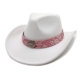 Dettaglio cappello da cowboy bianco con nastro a spina di pesce rosa e fibbia vintage - M (56-58cm) / Bianco