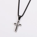 Detail of silver cross pendant with black JESUS engraving and box chain necklace - With Chain / Two-tone Black