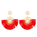 Bohemian fan-shaped drop earrings with red tassels and pearl accents in gold - Red