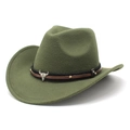 Detail of army green wool felt cowboy hat with metal bull skull and leather braided band - M (56-58cm) / Army Green