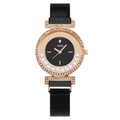 Fashion rose gold women watch with black dial, moving diamonds and magnetic mesh band - Black