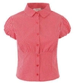 Detail of red polka dot puff sleeve blouse showing fabric texture and tailored waistline - S / Red Top