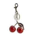 Cute red cherry keychain with glitter finish and silver metal leaf on white background - Red Cherry with Matte Silver