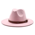 Pink wool felt fedora hat with a brown leather strap and metal buckle accent - One Size 58cm Circumference / Pink