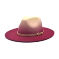 Men and women's wide brim gradient wool felt fedora with cream to magenta color transition - Khaki Thin Belt Decor / Wine Red/Milk White Gradient