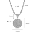 Collier hip hop argenté avec pendentif rond serti de pierres de zircone cubique AAAA+ - Médaille Ronde 39mm + Chaîne Corde 24in*3mm / Or blanc