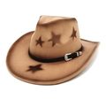 Brown wool cowboy hat with star pattern and metallic buckle on black band - Camel
