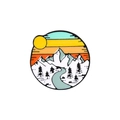 Outdoor nature enamel pin featuring a colorful sunset mountain and river landscape - Round Snow Mountain River Style (XZ2941)