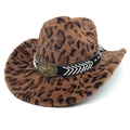 Detailed close-up of leopard print cowboy hat with vintage star buckle and leather band - M (56-58cm) / Dark Brown Straight Crown