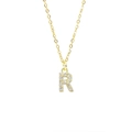 Gold square necklace with cubic zirconia paved letter R pendant on a delicate chain - Letter R