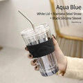 Sky blue straw glass coffee cup with black silicone sleeve and stainless steel straw - Aqua Blue + White Lid + SS Straw + Black Silicone Sleeve