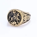Retro knight dragon slayer seal ring in antique gold finish with vintage floral carvings - US 7 / Round Style / Gold