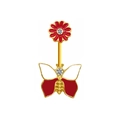 Close-up of gold belly button ring featuring red flower and butterfly with crystals - Gold - Red Enamel Butterfly Rhinestone