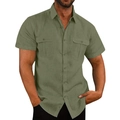 Detail of olive green short-sleeve cotton linen shirt featuring double chest pockets - Army Green