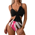 Two-piece bikini with black bow top and high-waisted pink abstract print bottom - Black & Pink